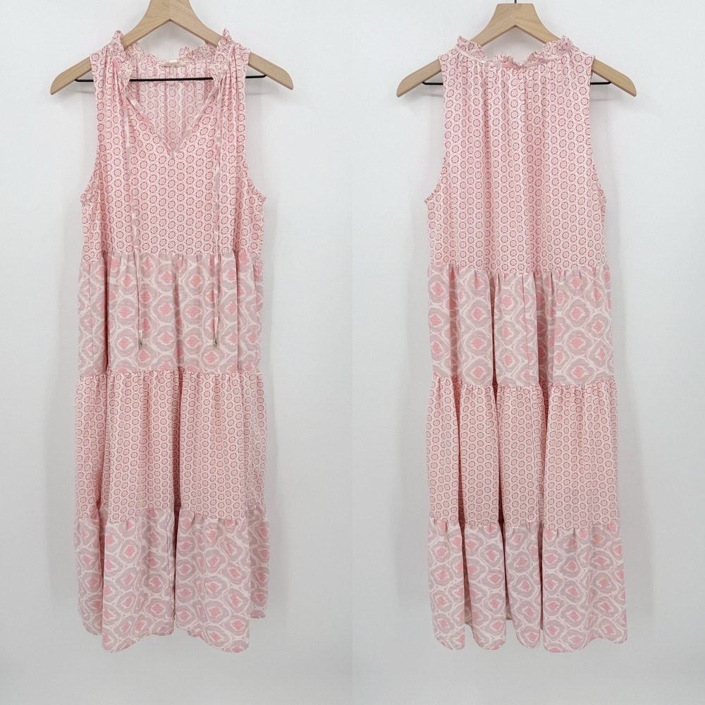 Entro Pink Geometric Ikat Tiered Maxi Dress Sleeveless Boho V-Neck M Cottagecore - Picture 2 of 6